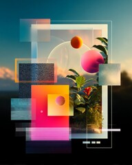 Digital mood board layout with AI-generated color palettes, gradient shapes and type samples, futuristic design composition on clean background