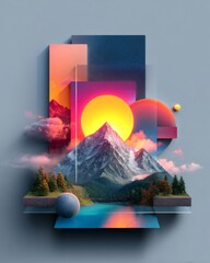 Digital mood board layout with AI-generated color palettes, gradient shapes and type samples, futuristic design composition on clean background
