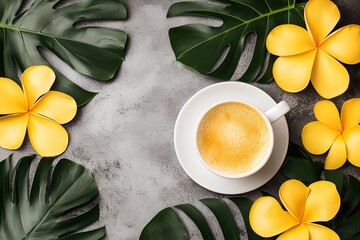 Coffee delight surrounded by tropical flowers home kitchen food art relaxing ambiance top view cozy concept
