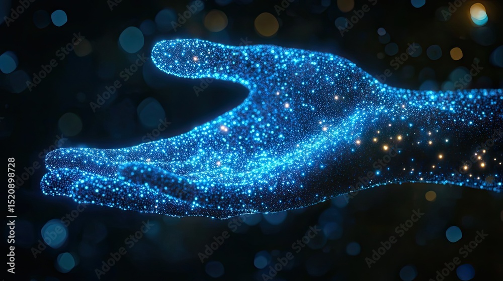 Wall mural a glowing blue hand made of particles floating in a dark space with bokeh lights surrounding it