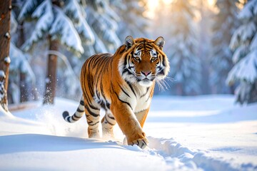 Obraz premium Tiger Walking Through a Forest In The Winter