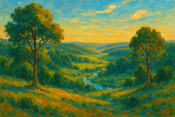 Fototapeta premium Impressionist painting of a landscape with vibrant tones.