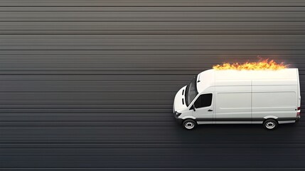 Emergency response burning van on highway dynamic action scene urban environment aerial view urgent incident