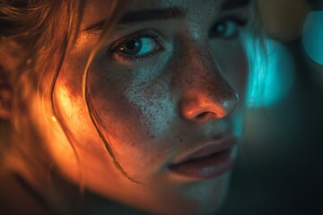Close-up artistic portrait with teal and orange lighting effects