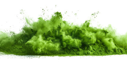 Exploding green powder cloud isolated on transparent PNG. . Dynamic burst of fine green pigment. Ideal for environmental campaigns, nature-themed ads, or digital overlays. 