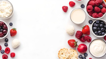 Fresh fruit dessert ingredients kitchen table food arrangement bright environment top view healthy concept for seo impact