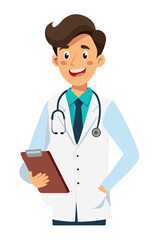 Fototapeta premium vector of a medical doctor in white coat with stethoscope, holding a clipboard, smiling professionally, white background 
