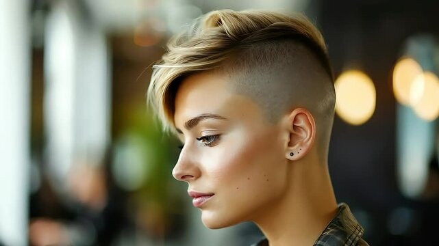 Portrait of a young, stylish woman with an undercut hairstyle, exuding confidence in an indoor setting