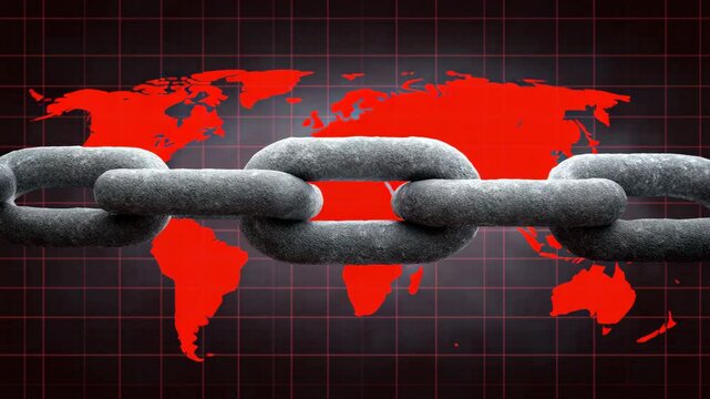 Global Connection: A visual representation of global interconnectedness, with a sturdy chain superimposed over a red world map. Emphasizing the strength and interdependence of the world.