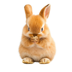 Fototapeta premium Fluffy orange rabbit with folded paws, sitting calmly and looking adorable. This cute animal exudes sense of tranquility and charm