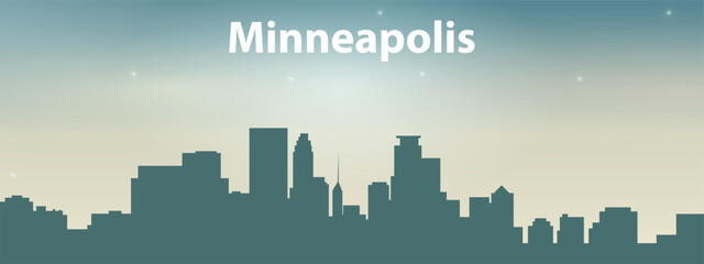 stylized green silhouette of Minneapolis city skyline against the light sky