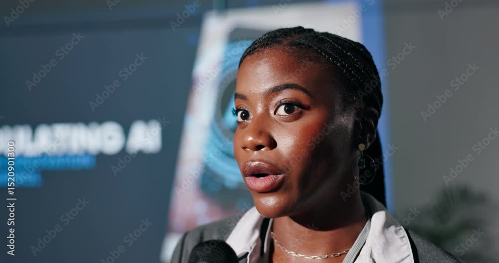 Poster speaker, seminar and black woman with microphone at event for regulating ai and innovation. female l