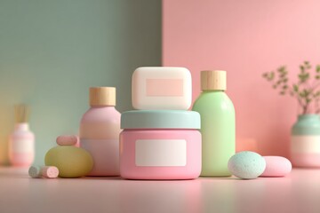 Pastel-toned skincare product containers arranged in clean, natural light