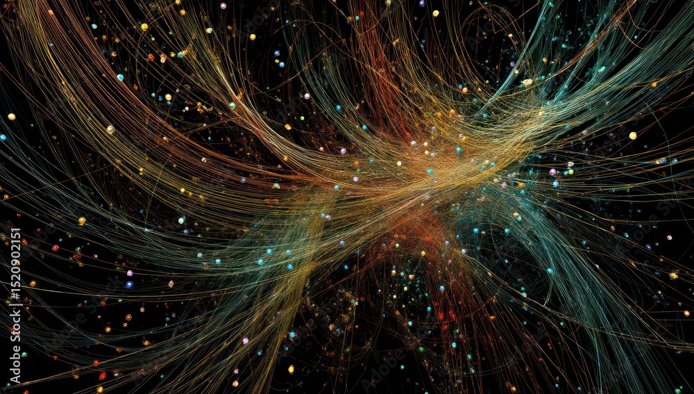Poster Complex algorithmic data visualized as intertwining plexus designs using advanced tech tools.