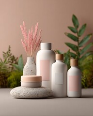 Pastel-toned skincare product containers arranged in clean, natural light