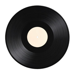 A classic vinyl record with a blank label at the center, showcasing its grooves and circular shape. cut out. transparent background