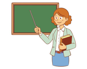 vector of a school teacher holding books, pointing at a chalkboard with math symbols, white background
