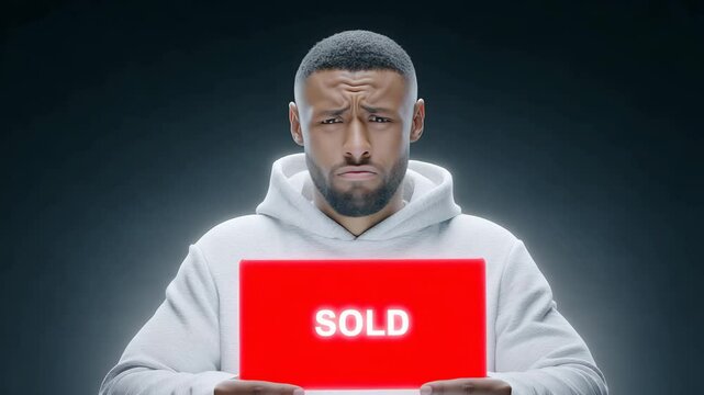 Sold Sign Reflection: A reflective moment of a person holding a striking "SOLD" sign, creating a captivating image of commerce and completion.