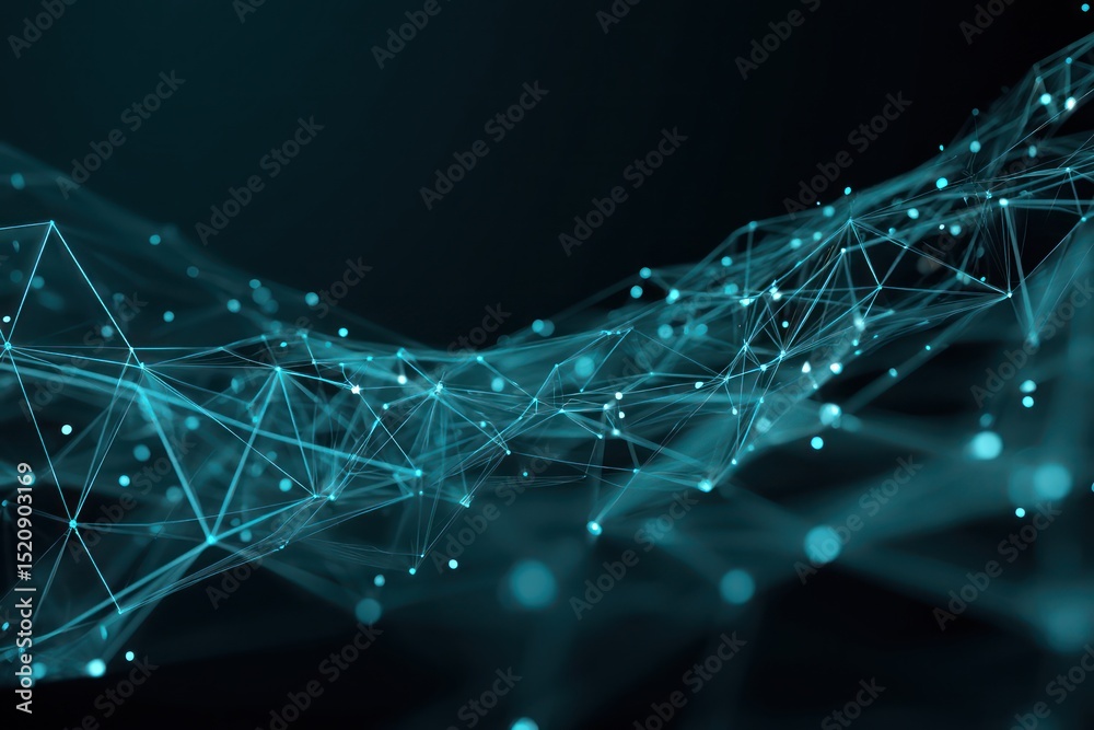 Poster Data pathways formed by teal dots creating an abstract network, visualized using advanced technology.