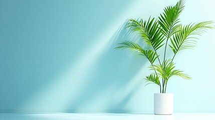 Lush Green Plant in White Pot Against Soft Blue Wall Background