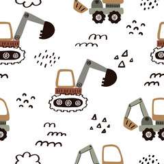 Seamless vector pattern with cute excavators in a whimsical children’s style on a white background. Perfect for kids’ fabric, nursery decor, boys’ clothing, wallpapers, and playful designs.