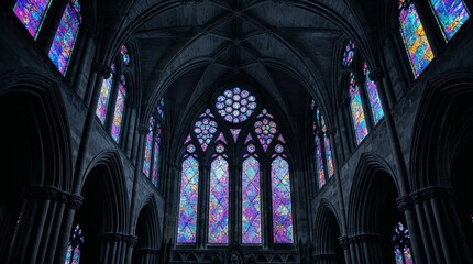 Stunning stained glass windows illuminate the interior of a gothic cathedral at dusk