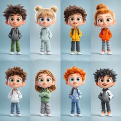 Colorful Cartoon Characters in Casual Attire with Diverse Styles