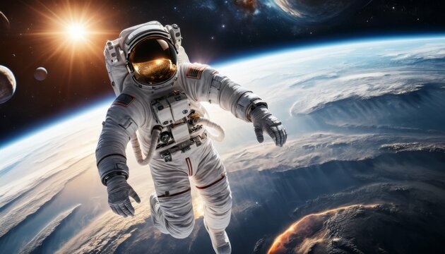 Astronaut Spacewalk Above Earth Sunlit Planet Stars and Galaxy View