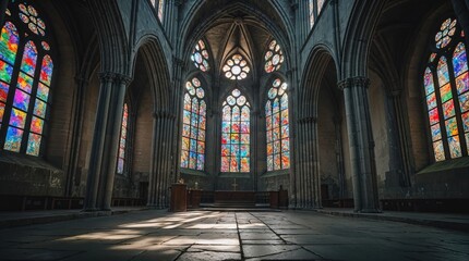 Fototapeta premium Majestic stained glass windows illuminate historic cathedral interior during evening light