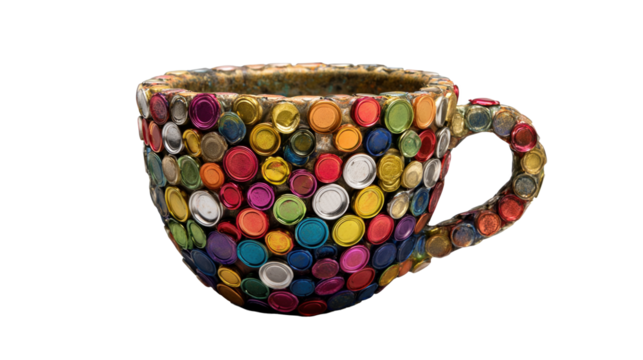 A metal mug made from old, used bottle caps painted in various colors.