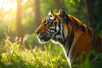 Sunlit Tiger in Forest Exploring a Hidden Natural Place
