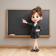 Cartoon girl in business attire pointing at blackboard for education