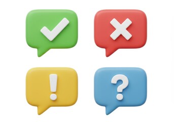 Check mark, cross, exclamation point, and question mark speech bubbles isolated on white background