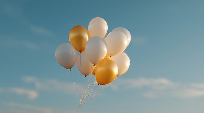 Colorful inflated spheres drift gracefully upward against bright azure cloudy atmosphere.