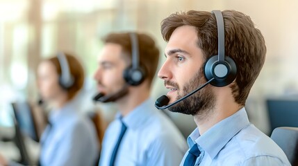 Customer service representatives engaged in call center duties office environment professional setting focused viewpoint