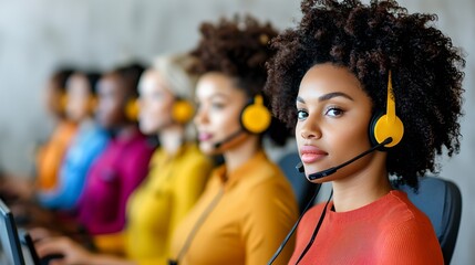 Customer service representatives engaging in communication at a call center professional environment focused viewpoint