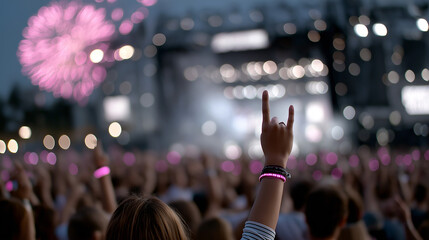 Fototapeta premium High-Energy Night Festival Scene with Fireworks, Colorful Lights, and Thrilling Live Music, night music festival, fireworks show, live concert, dancing crowd, glowing accessories, raised hands, party 
