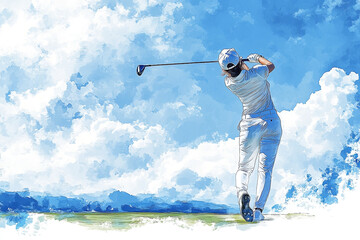 Watercolor Golfer Swinging Club Against Blue Cloudy Sky, Back View of Athlete in White Outfit