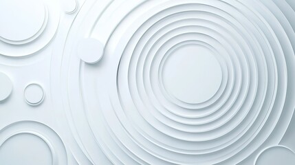 Fototapeta premium Minimalist gray and white concentric ripple circles flat lay on white background, Zen-inspired geometric texture with orderly wave patterns for digital design, abstract wallpaper, and modern decor.