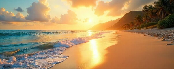 Golden hour sunlight bathes a pristine beach in warm light, gentle waves lapping the shore Perfect for travel, vacation, and summer themes , calm, summer