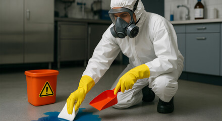  A worker wearing chemical-resistant gloves and protective gear while cleaning up a small chemical spill in a laboratory or industrial setting.