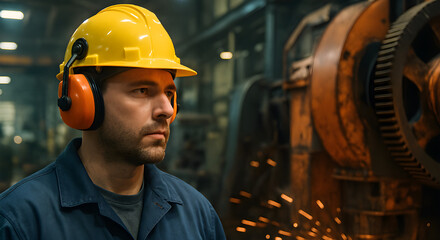 A worker wearing ear protection in a noisy industrial environment