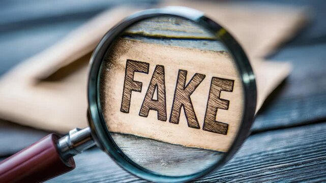 Magnifying glass revealing the word "FAKE" on paper.