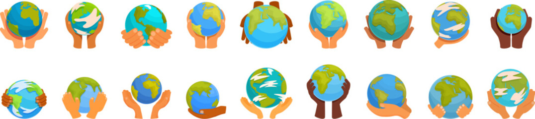 Hands holding earth globe icons set. Diverse hands cradling earth globe, symbolizing global unity in environmental protection and conservation efforts