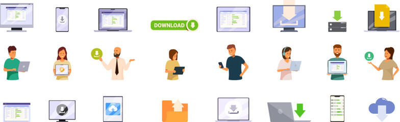 Torrent icons set. Programmers and other professionals are downloading files from the internet using various devices, including laptops, smartphones, tablets, and desktop computers