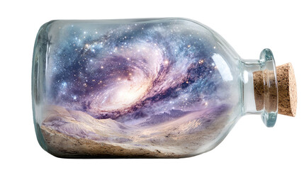 Surrealistic depiction of the Milky Way galaxy inside an old glass bottle, with sand and cosmic dust visible at its bottom. 