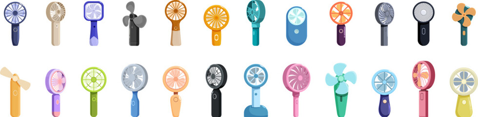 Electric hand fan icons set. Set of colorful handheld fans offering portable cooling solutions for beating the heat © nsit0108