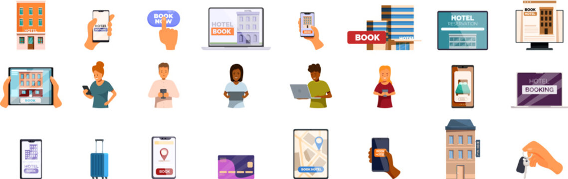 Online hotel booking icons set. People using smartphones, tablets, laptops, and computers to book hotel rooms online, highlighting the convenience of modern travel planning