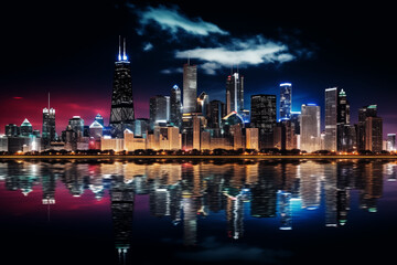 Fototapeta premium Chicago Skyline at Night, Light Show Buildings Reflected on the River