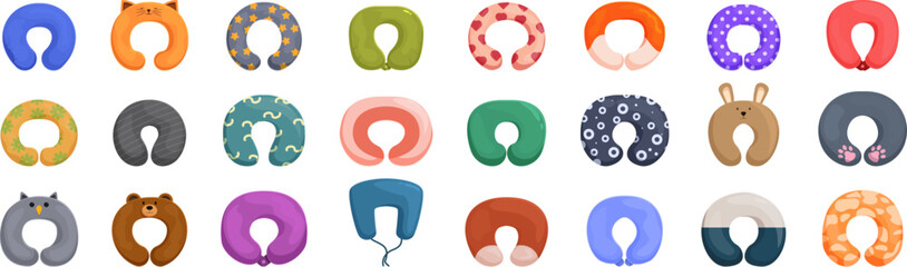 Neck pillow icons set. Comfortable travel pillows ensuring a relaxing journey, featuring various colors and patterns